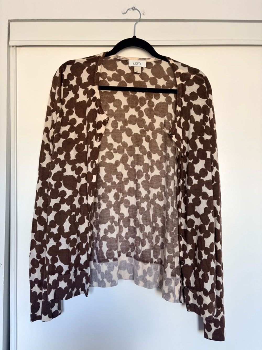 LOFT Brown and Cream Open Knit Cardigan 100% Merino Wool